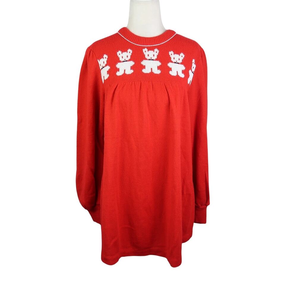 Vintage 80s Maternity Red Tunic Sweater White Teddy Bears S